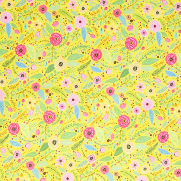 Bauwoll Druck Blüten und Blätter auf Gelb von Happy Easter by Swafing 